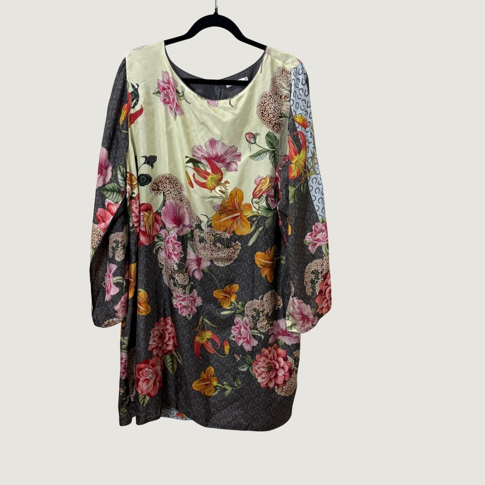 Johnny Was L 100% Silk Floral Shift Dress Gray Pink Botanical Boho Artsy